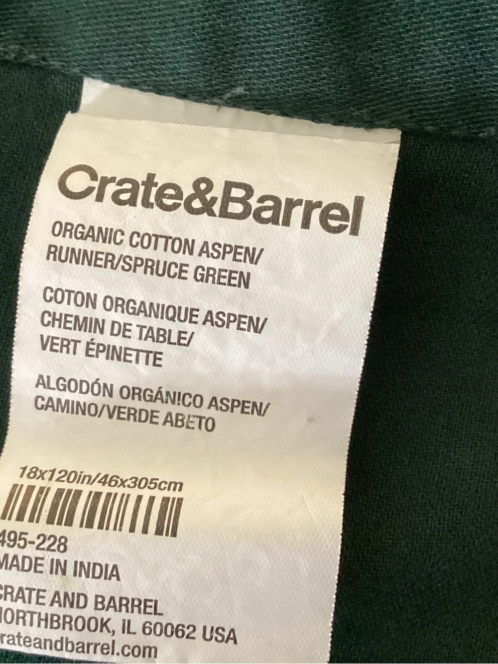 Crate&Barrel Spruce Green Organic Cotton Runner